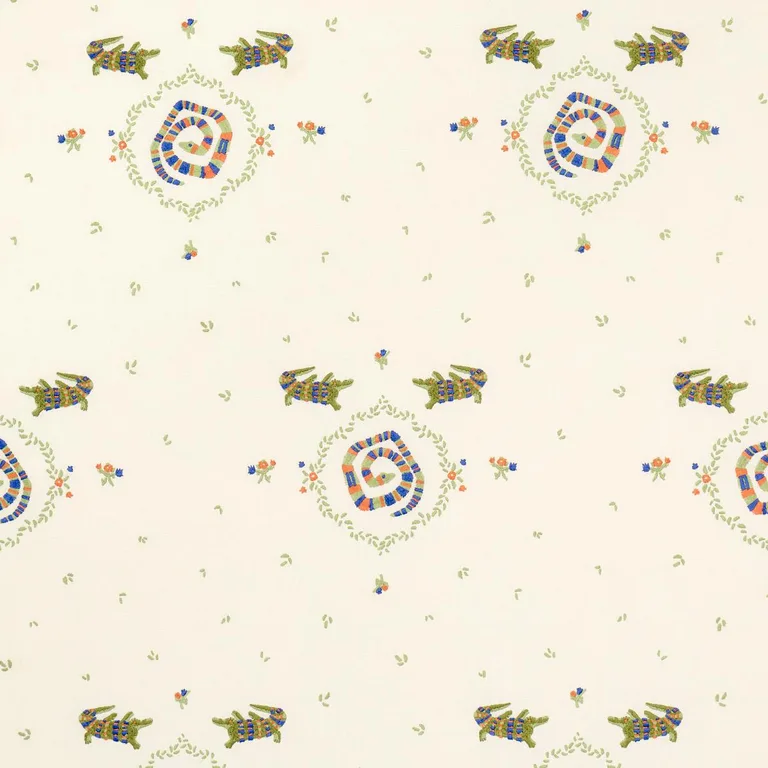 Schumacher 84540 Reptilia Embroidery Bright Multi On Ivory fabric swatch
