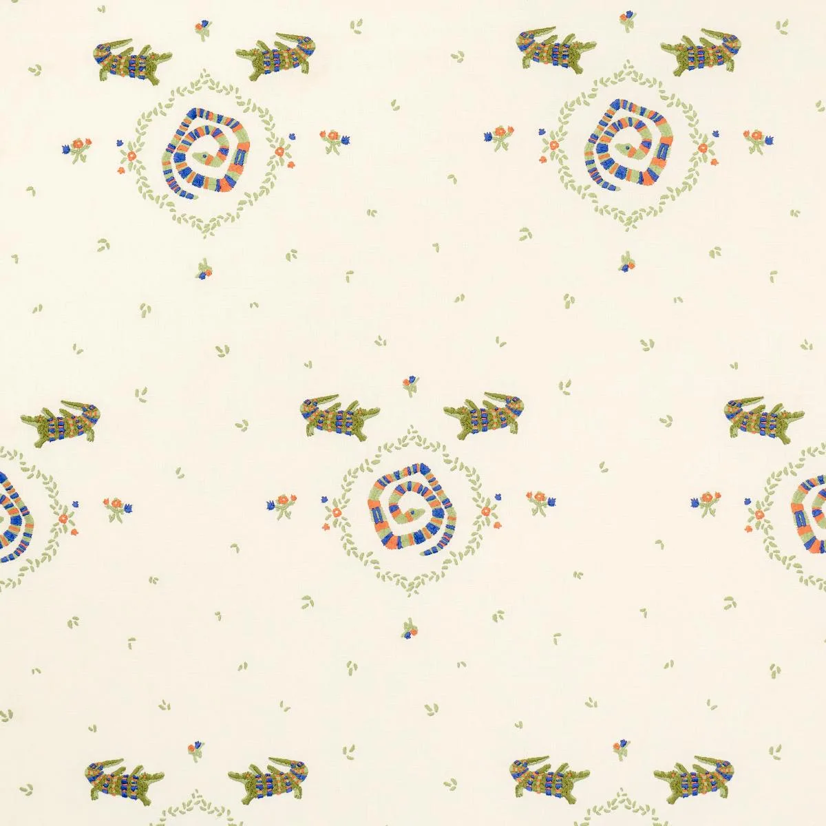 Schumacher 84540 Reptilia Embroidery Bright Multi On Ivory fabric swatch