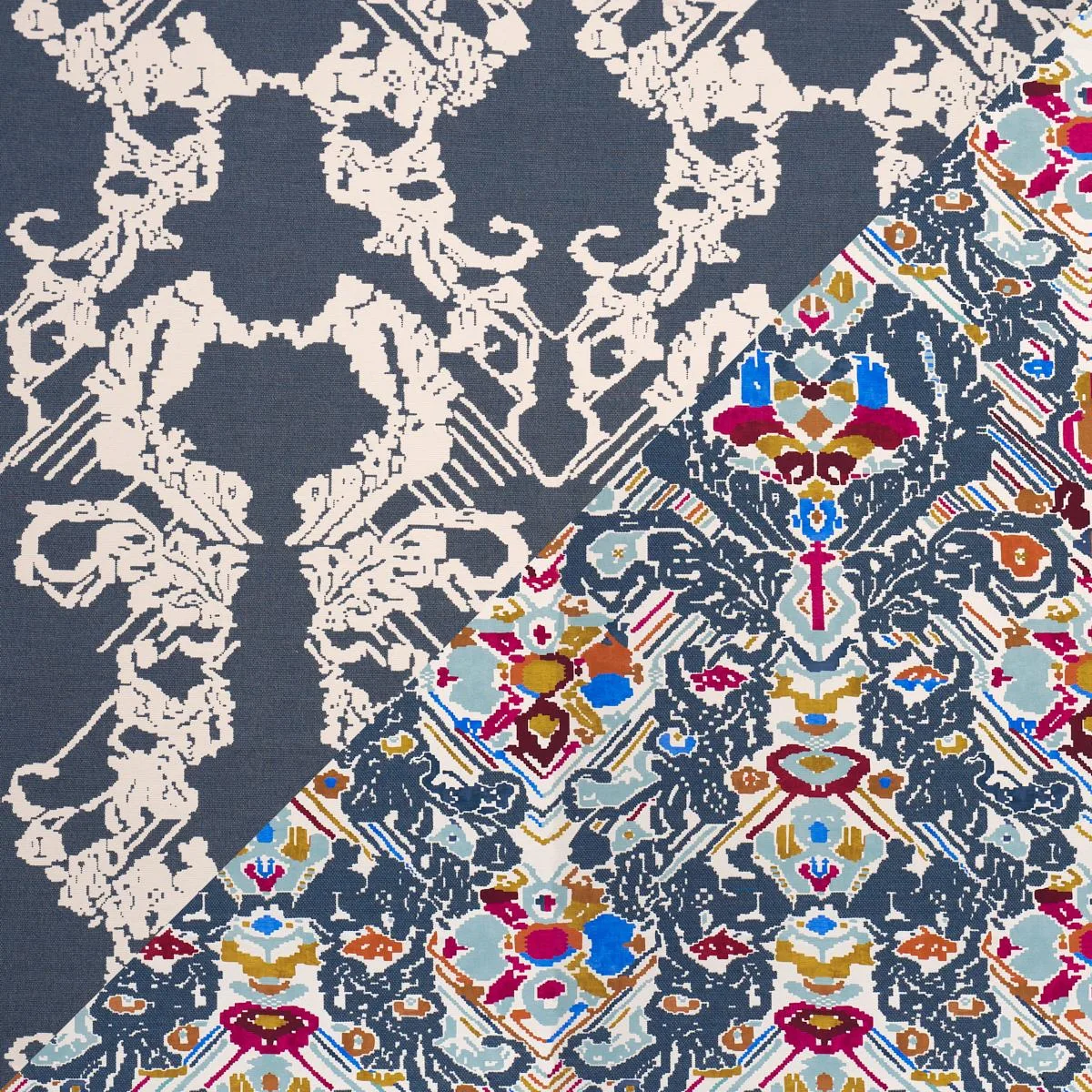 Schumacher 87552 Reversible Digital Damask Denim fabric swatch