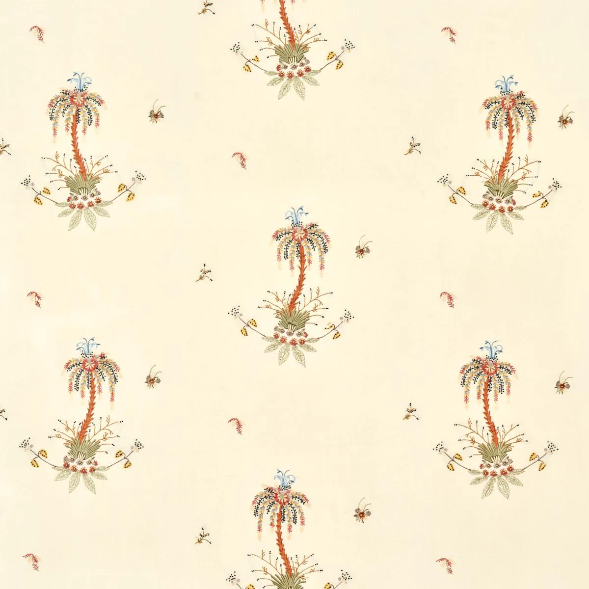 Schumacher 22140 Royal Poinciana Hand Embroidery Multi On Creme fabric swatch