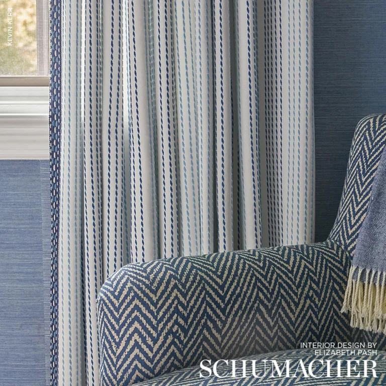 Schumacher 75320 Running Stitch Blues fabric swatch
