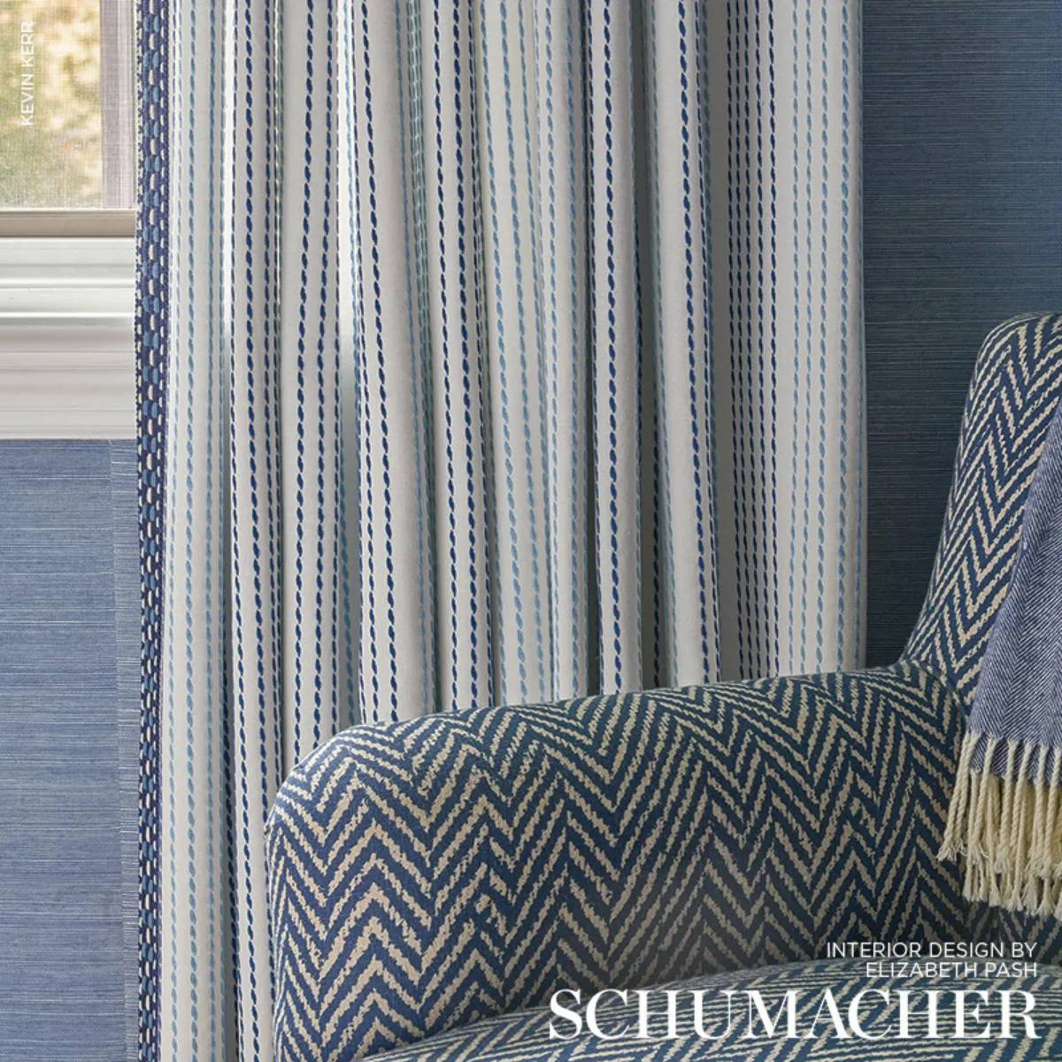 Schumacher 75320 Running Stitch Blues fabric swatch