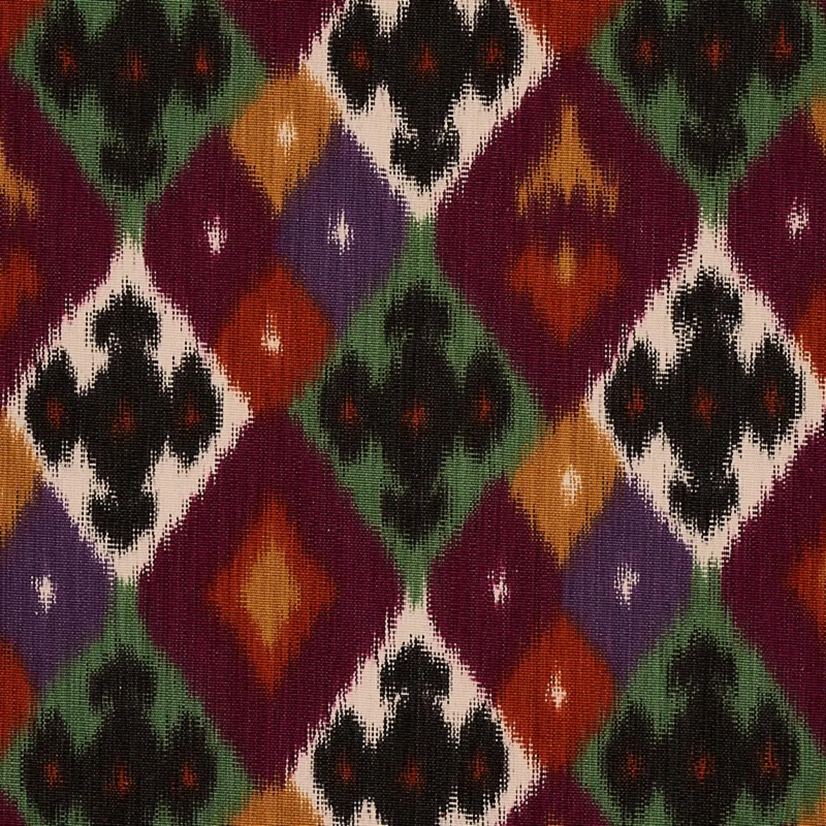 Schumacher 80662 Sasha Diamond Ikat Jade And Plum fabric swatch