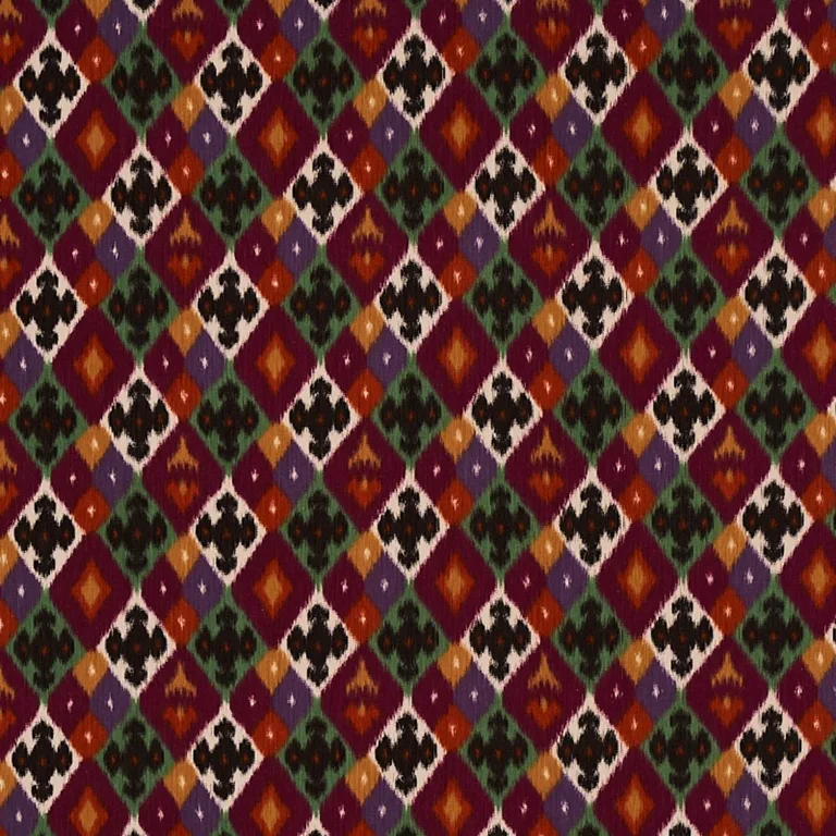 Schumacher 80662 Sasha Diamond Ikat Jade And Plum fabric swatch