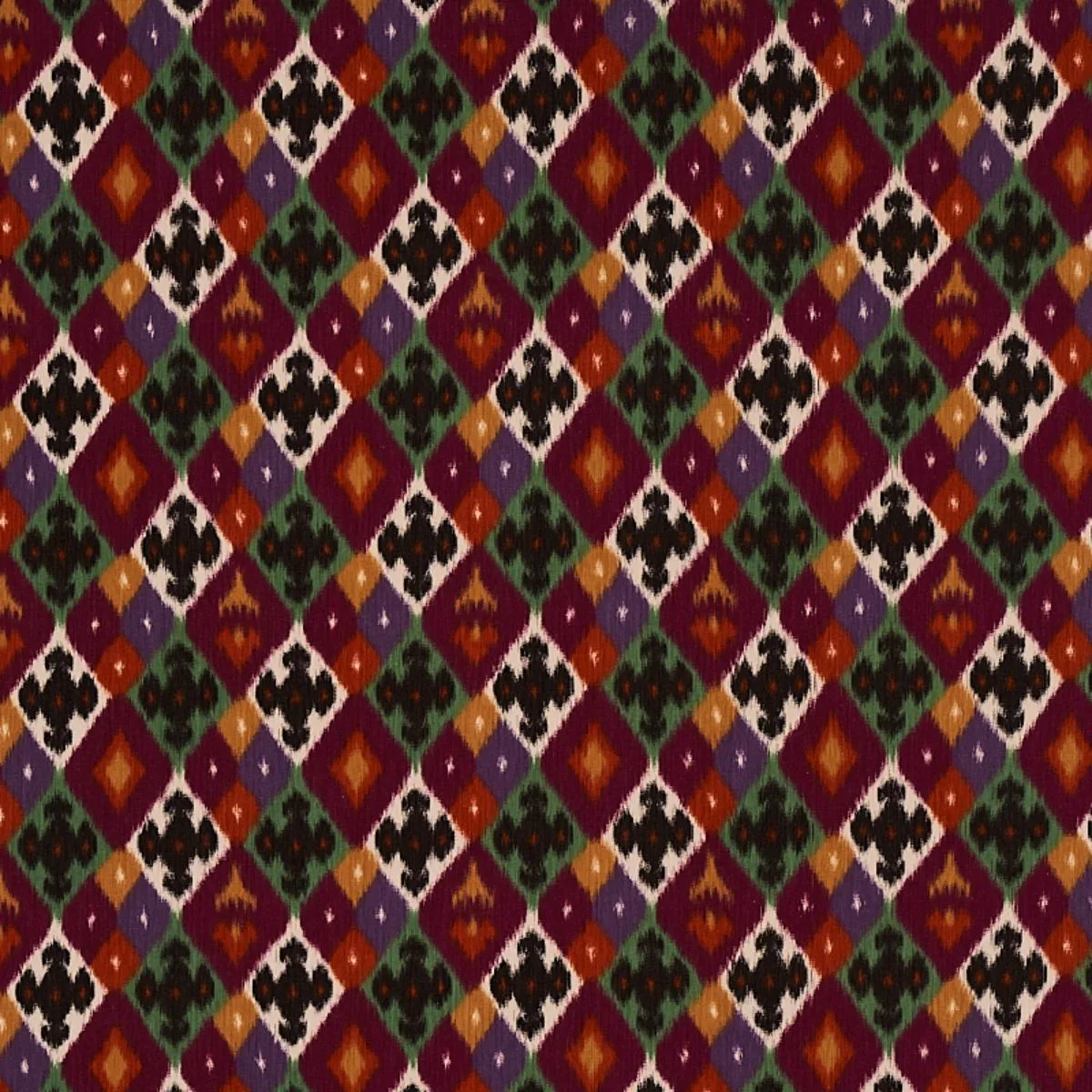 Schumacher 80662 Sasha Diamond Ikat Jade And Plum fabric swatch
