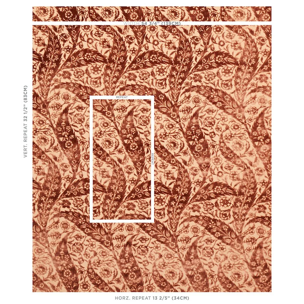 Schumacher 80781 Saz Paisley Silk Velvet Terracotta fabric swatch
