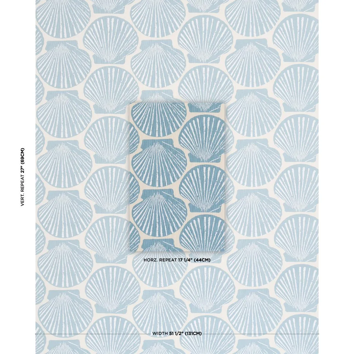 Schumacher 183771 Scallop Shell Light Blue fabric swatch
