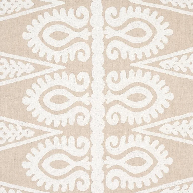 Schumacher 80211 Seema Embroidery Ivory On Natural fabric swatch