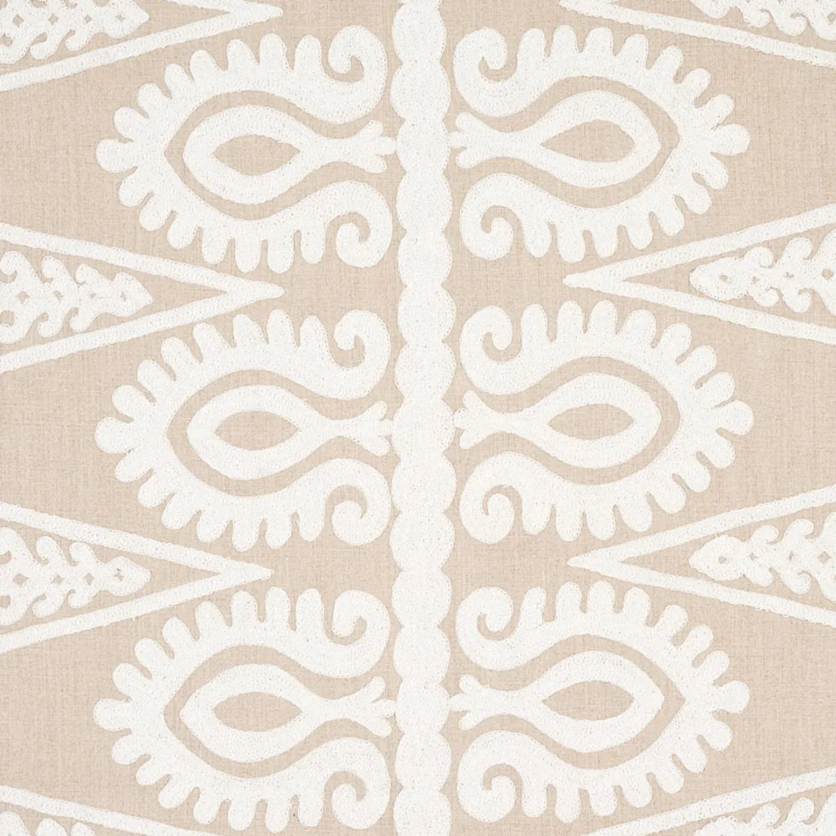 Schumacher 80211 Seema Embroidery Ivory On Natural fabric swatch
