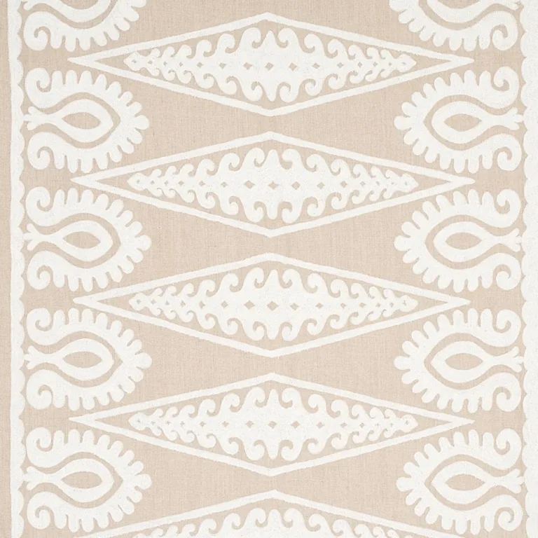 Schumacher 80211 Seema Embroidery Ivory On Natural fabric swatch