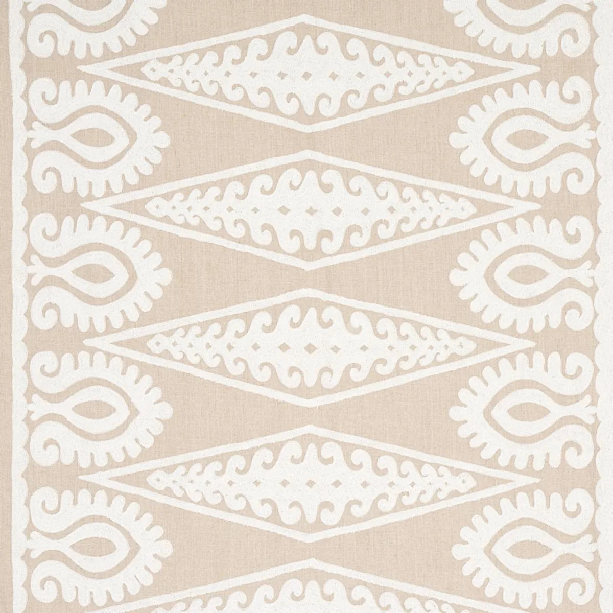 Schumacher 80211 Seema Embroidery Ivory On Natural fabric swatch