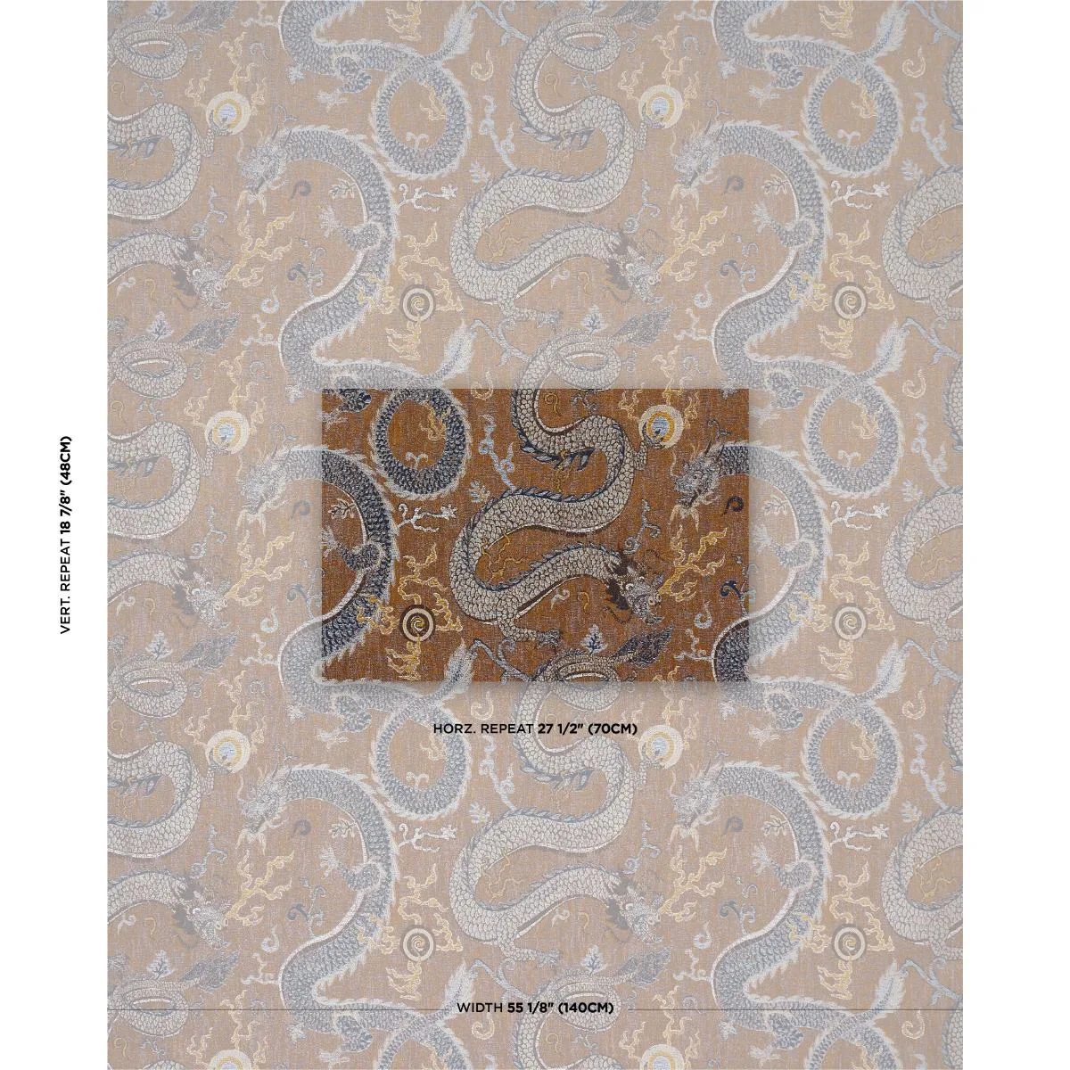 Schumacher 85091 Serpentine Dragon Brown & Blue fabric swatch