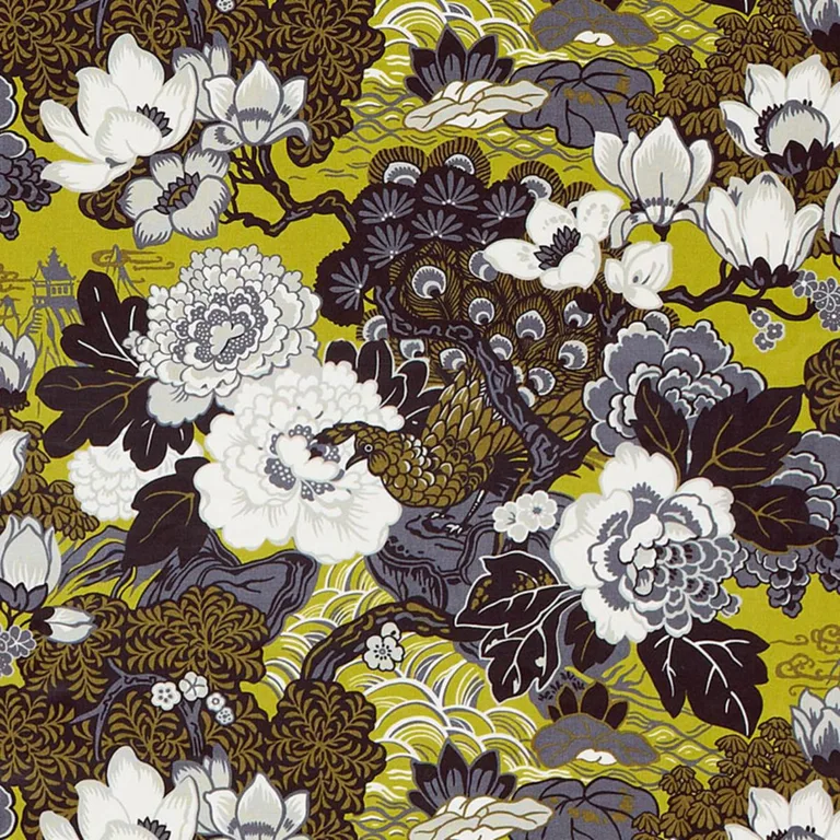 Schumacher 175131 Shanghai Peacock Brass fabric swatch