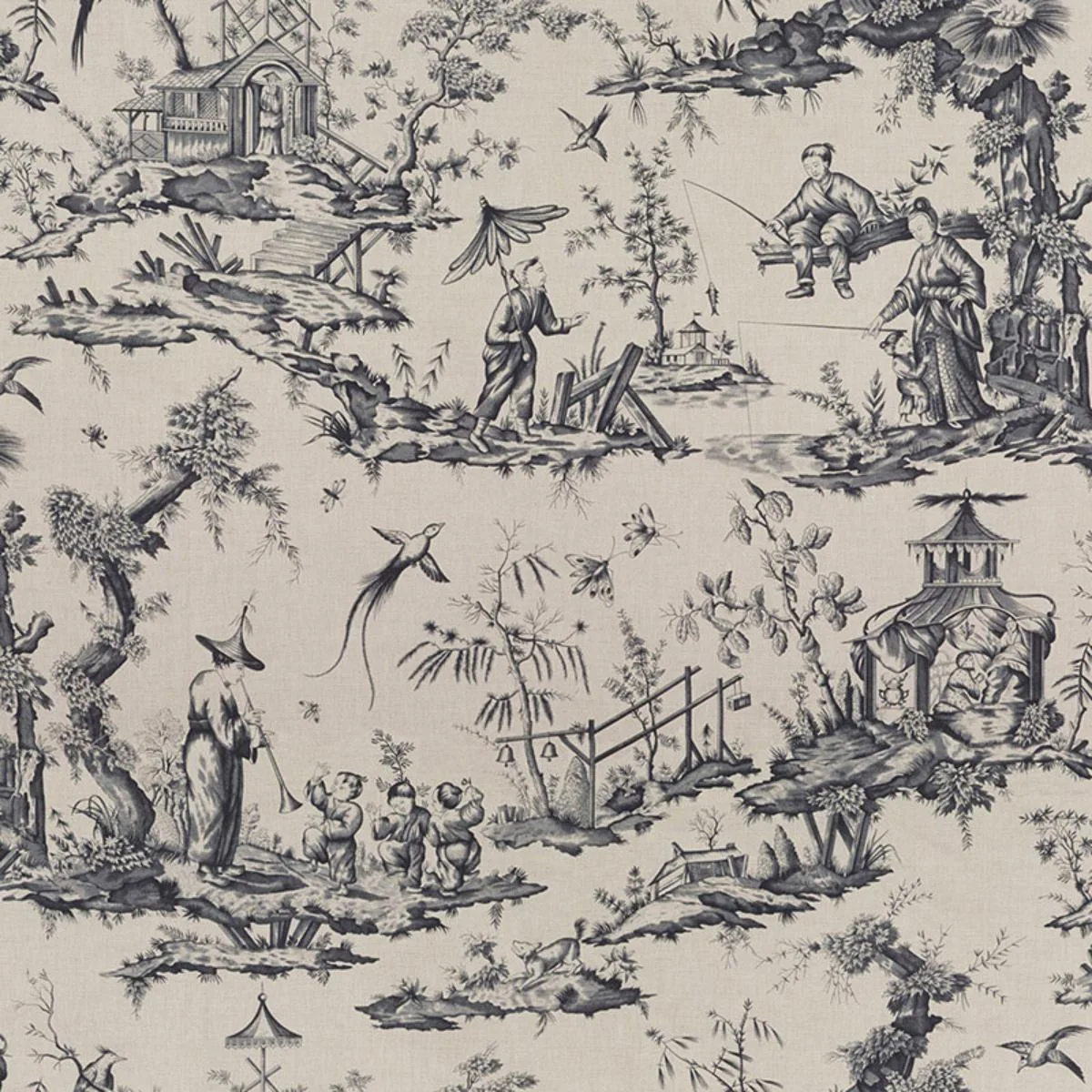 Schumacher 175803 Shengyou Toile Charcoal fabric swatch