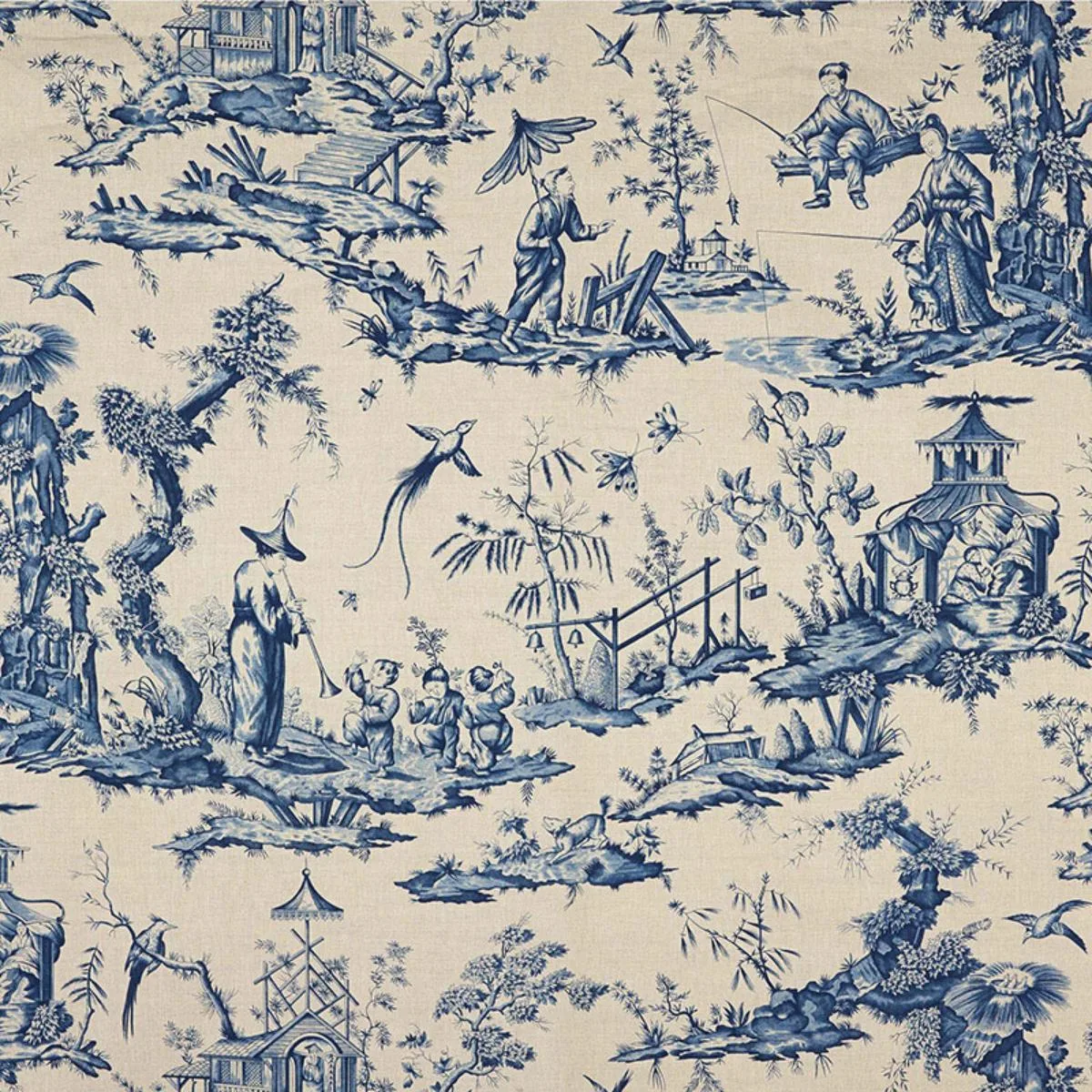 Schumacher 175800 Shengyou Toile Indigo fabric swatch
