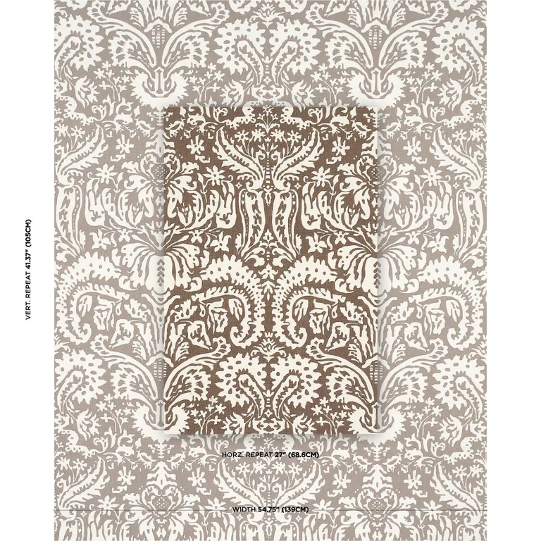 Schumacher 182120 Suffolk Damask Brown fabric swatch