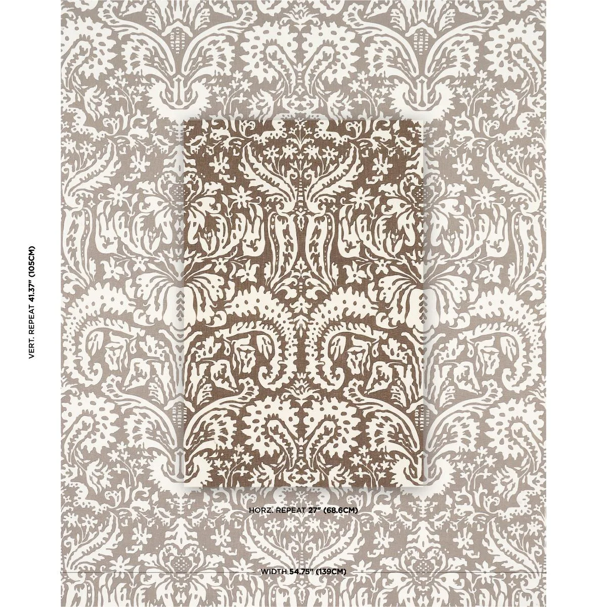 Schumacher 182120 Suffolk Damask Brown fabric swatch