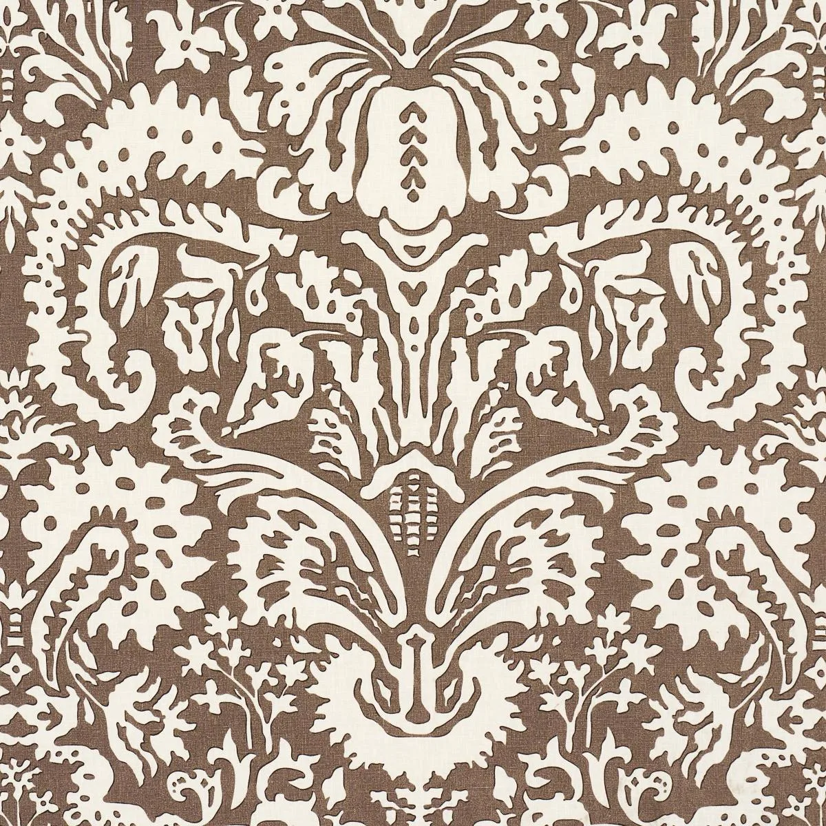Schumacher 182120 Suffolk Damask Brown fabric swatch