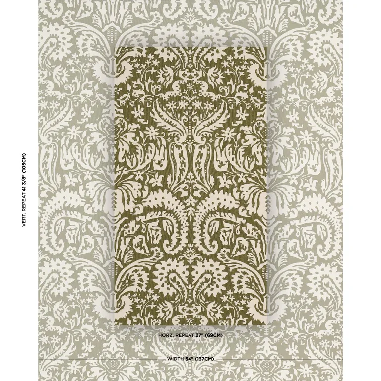 Schumacher 182122 Suffolk Damask Olive fabric swatch