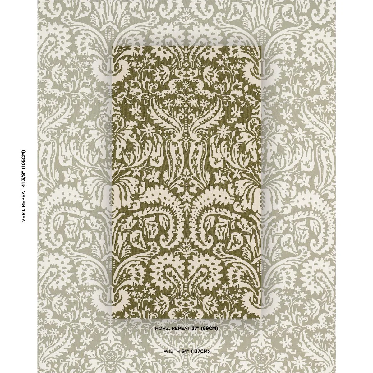 Schumacher 182122 Suffolk Damask Olive fabric swatch