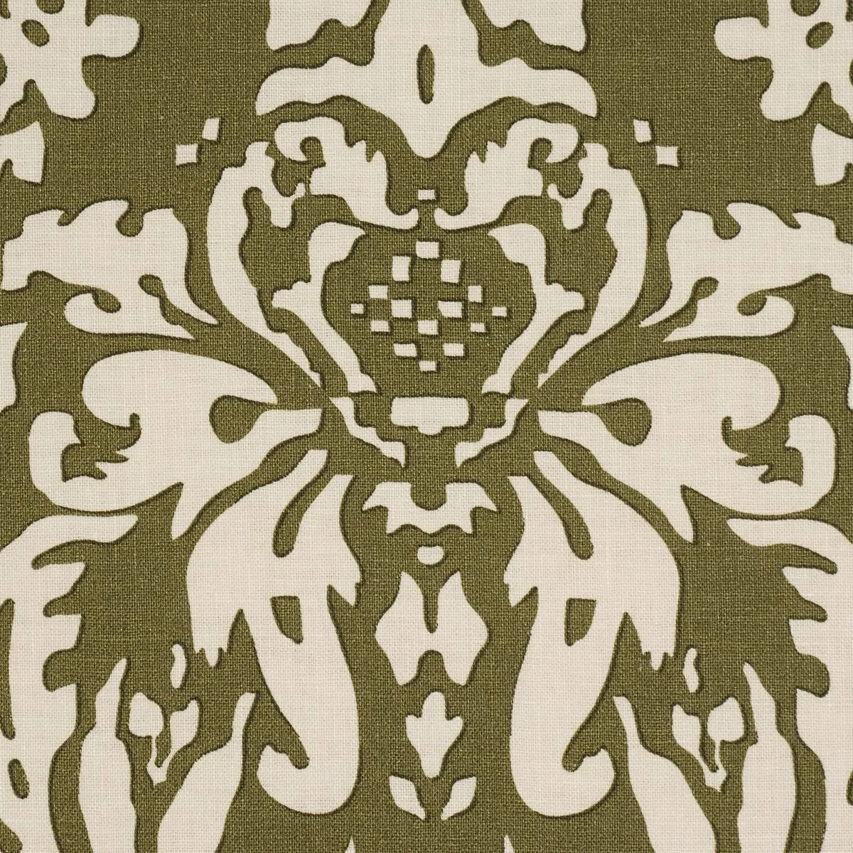 Schumacher 182122 Suffolk Damask Olive fabric swatch