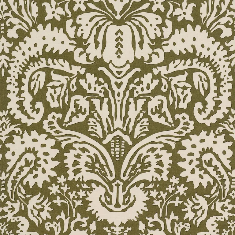 Schumacher 182122 Suffolk Damask Olive fabric swatch