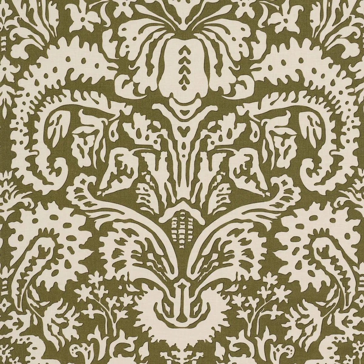 Schumacher 182122 Suffolk Damask Olive fabric swatch