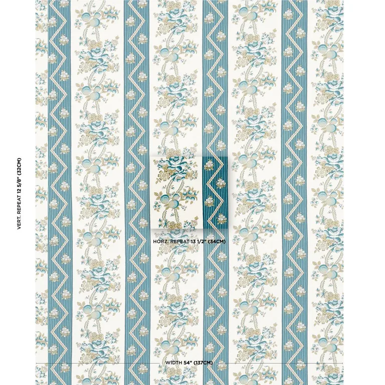 Schumacher 181741 Sylvain Floral Stripe Teal fabric swatch