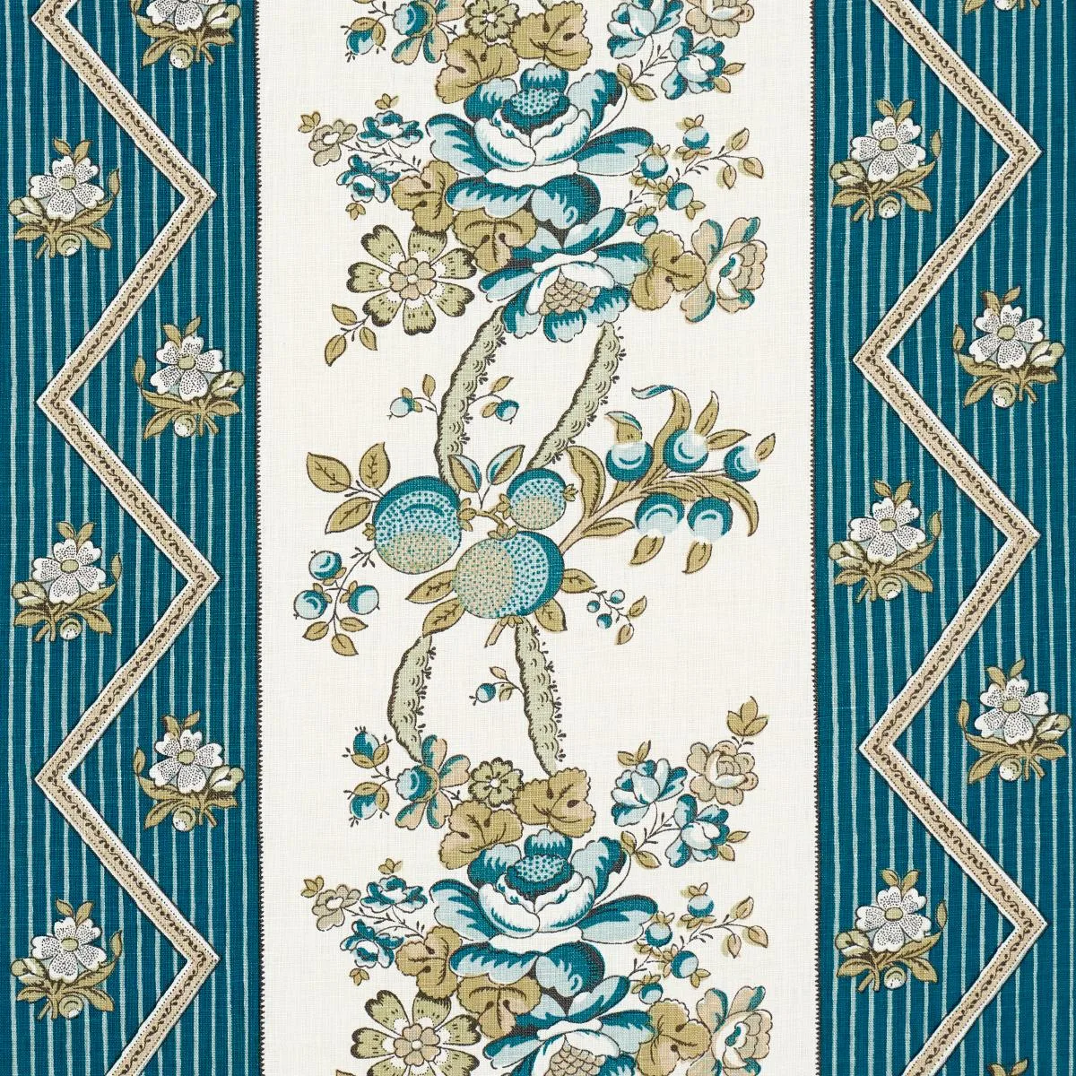 Schumacher 181741 Sylvain Floral Stripe Teal fabric swatch