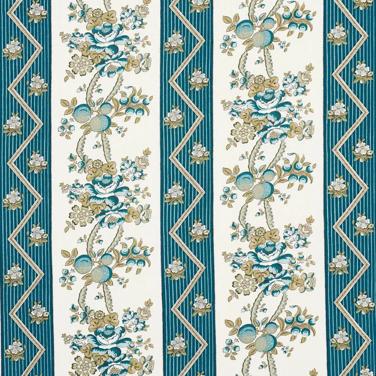 Schumacher 181741 Sylvain Floral Stripe Teal fabric swatch