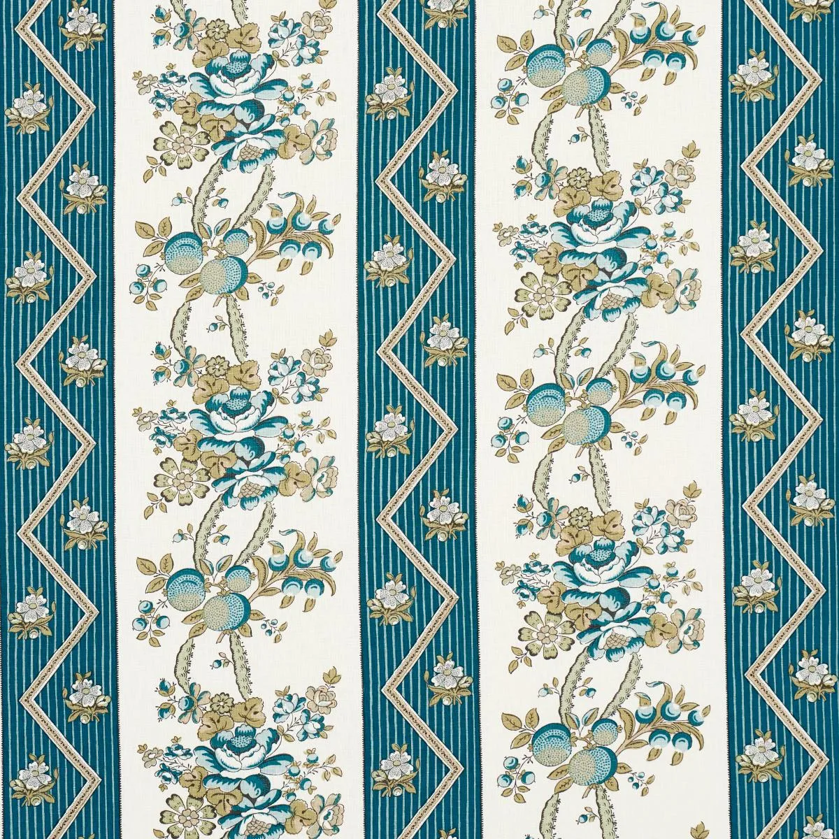 Schumacher 181741 Sylvain Floral Stripe Teal fabric swatch