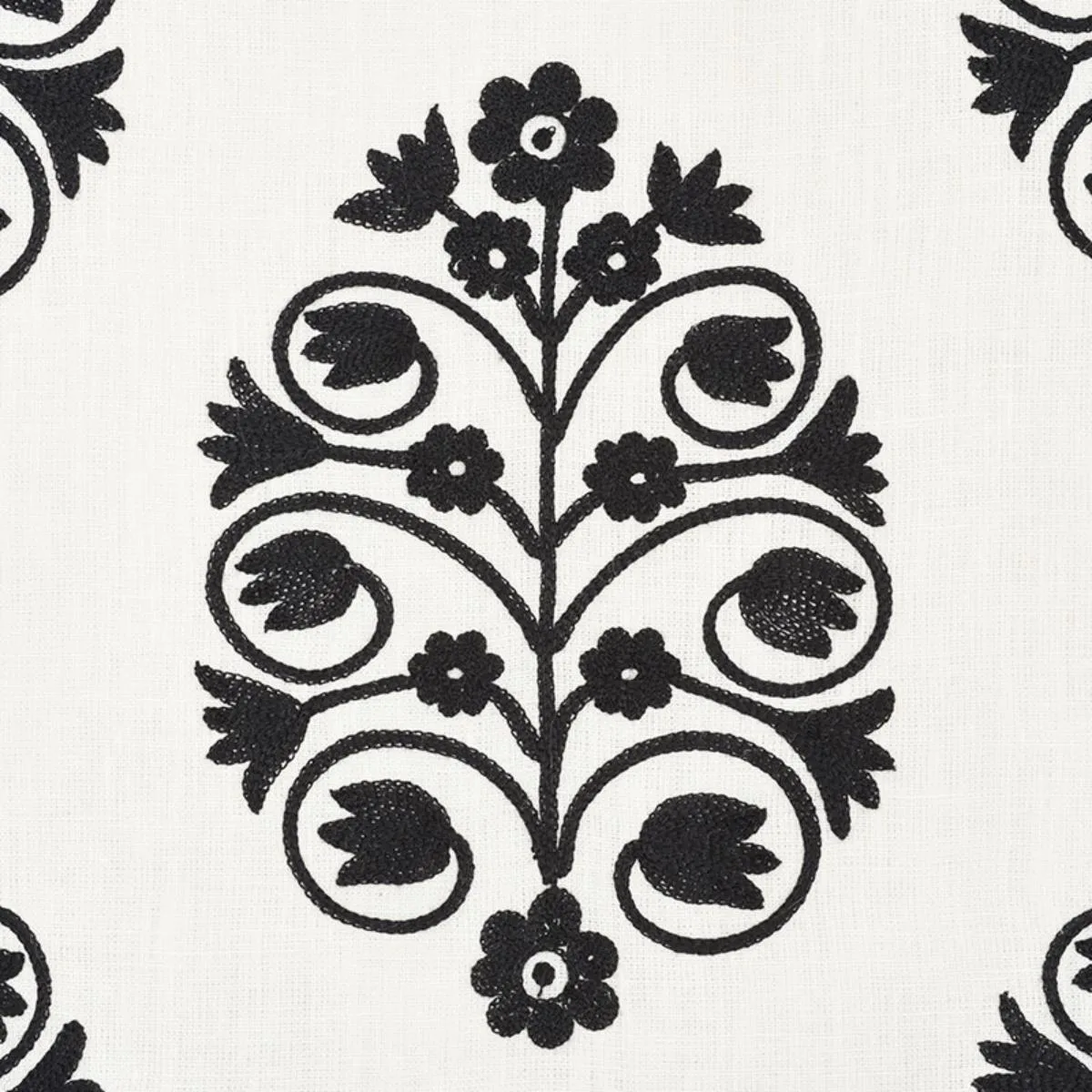 Schumacher 72090 Talitha Embroidery Blackwork fabric swatch