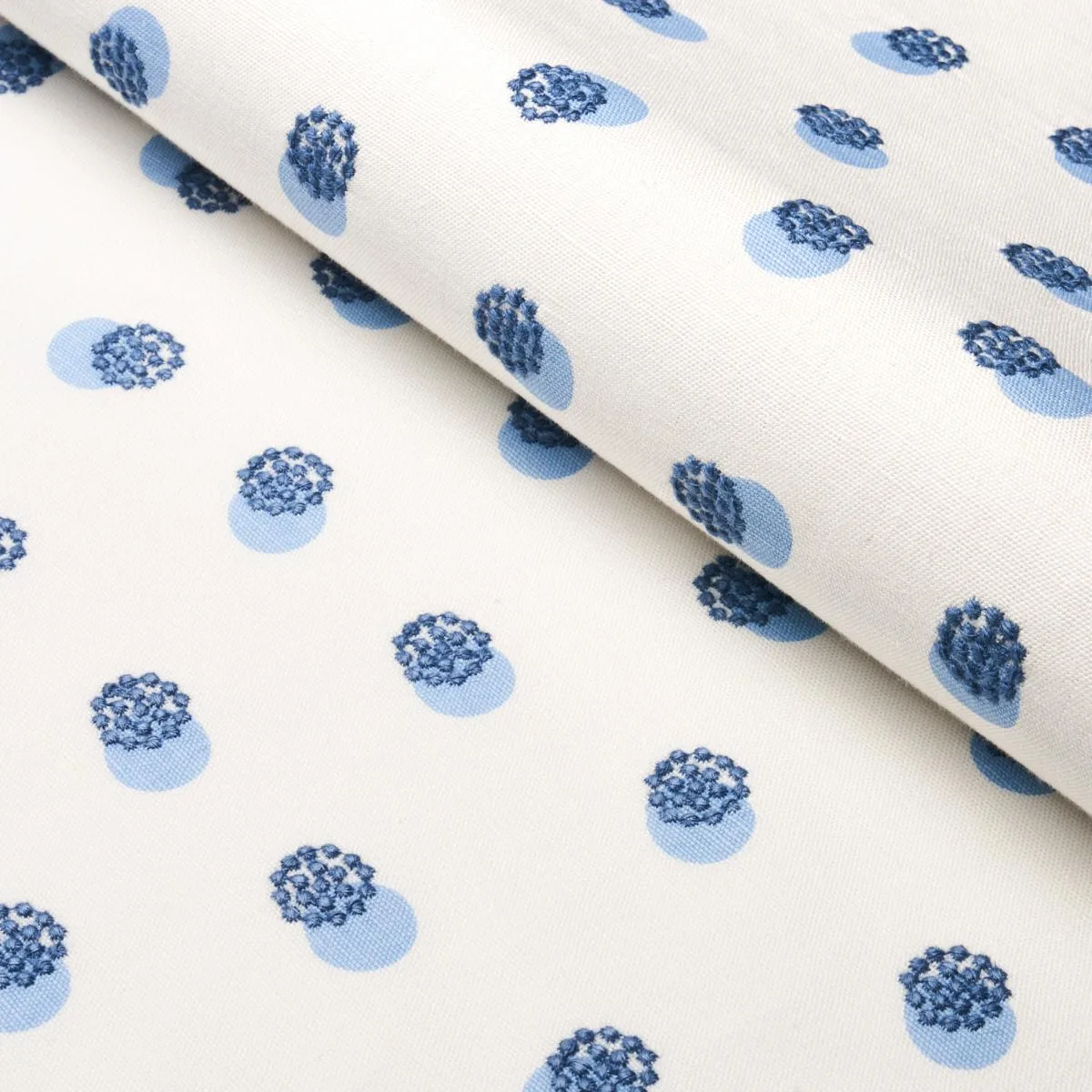 Schumacher 81841 Taylor Embroidery Blue On Ivory fabric swatch
