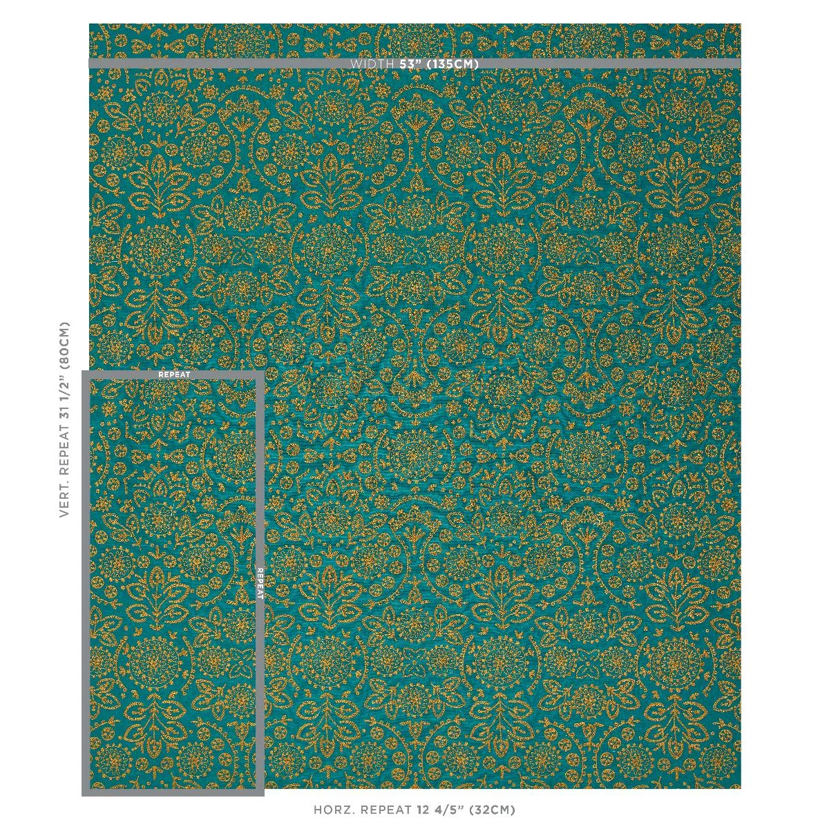 Schumacher 79862 Tiana Embroidery Peacock fabric swatch