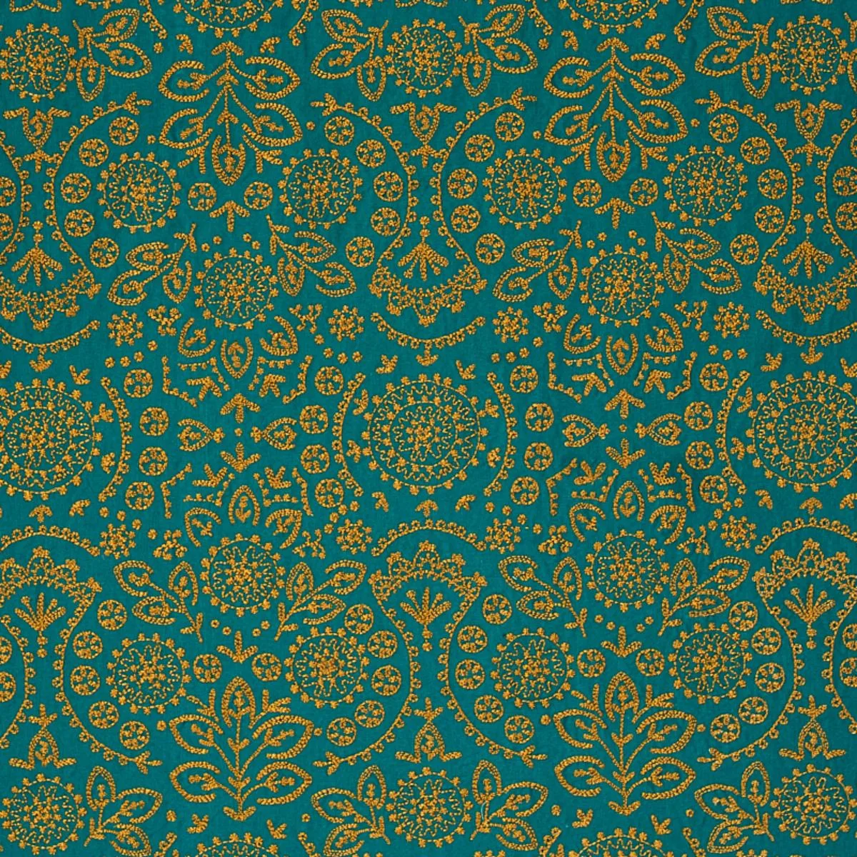 Schumacher 79862 Tiana Embroidery Peacock fabric swatch