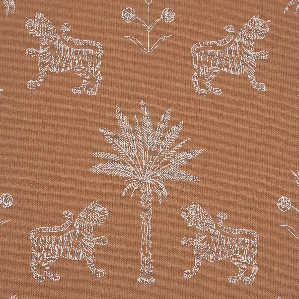 Schumacher 182840 Tiger Palm Silhouette Outdoor Mediterranean Spice fabric swatch