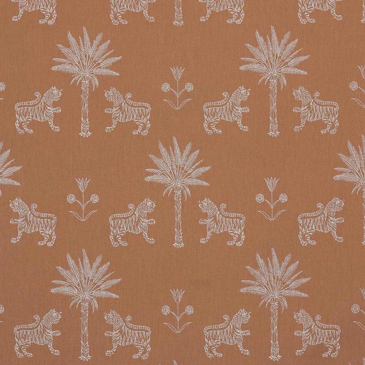 Schumacher 182840 Tiger Palm Silhouette Outdoor Mediterranean Spice fabric swatch