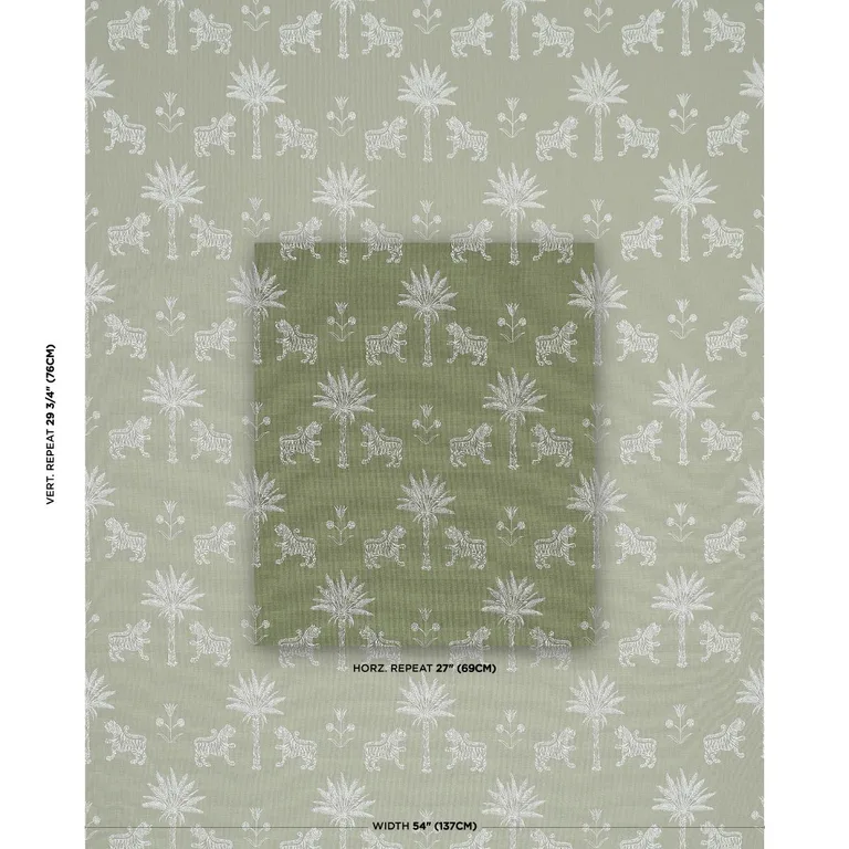 Schumacher 182841 Tiger Palm Silhouette Outdoor Sage fabric swatch