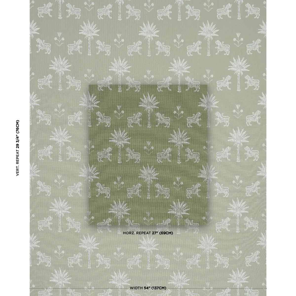 Schumacher 182841 Tiger Palm Silhouette Outdoor Sage fabric swatch