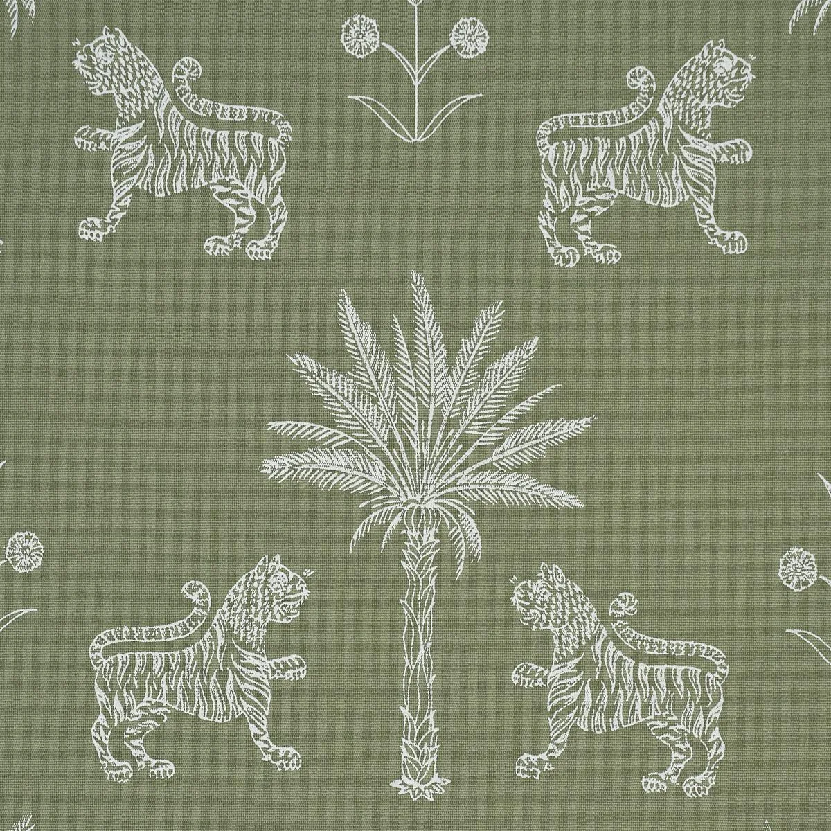 Schumacher 182841 Tiger Palm Silhouette Outdoor Sage fabric swatch