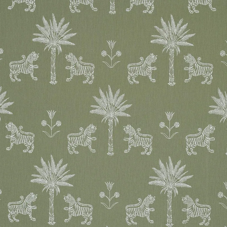 Schumacher 182841 Tiger Palm Silhouette Outdoor Sage fabric swatch