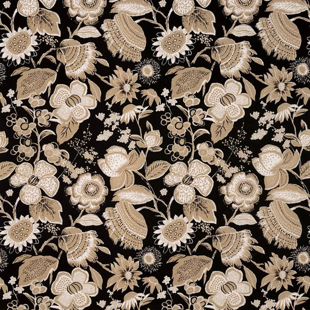 Schumacher 176010 Tikki Garden Lava Black fabric swatch