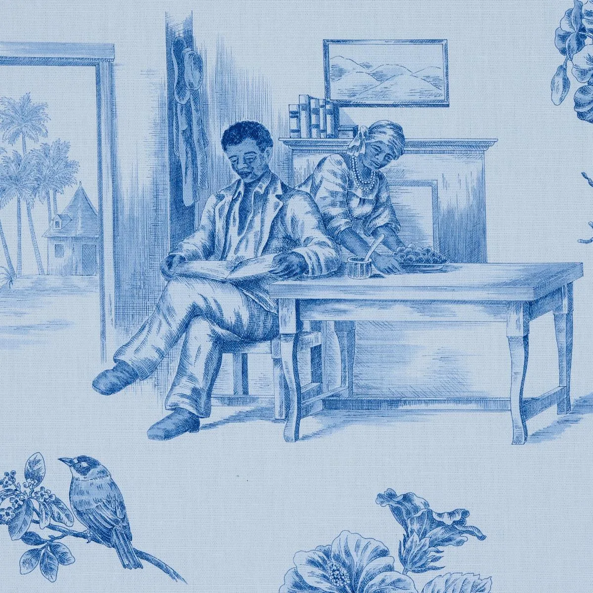 Schumacher 180273 Toussaint Toile Blue & Sky fabric swatch
