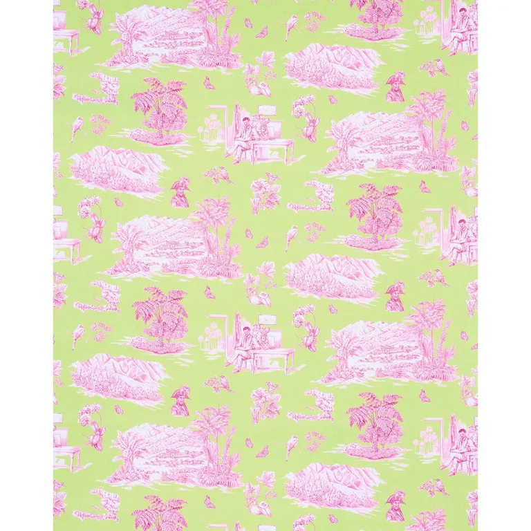 Schumacher 180271 Toussaint Toile Pink & Green fabric swatch