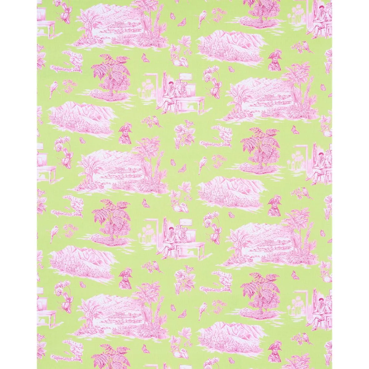 Schumacher 180271 Toussaint Toile Pink & Green fabric swatch