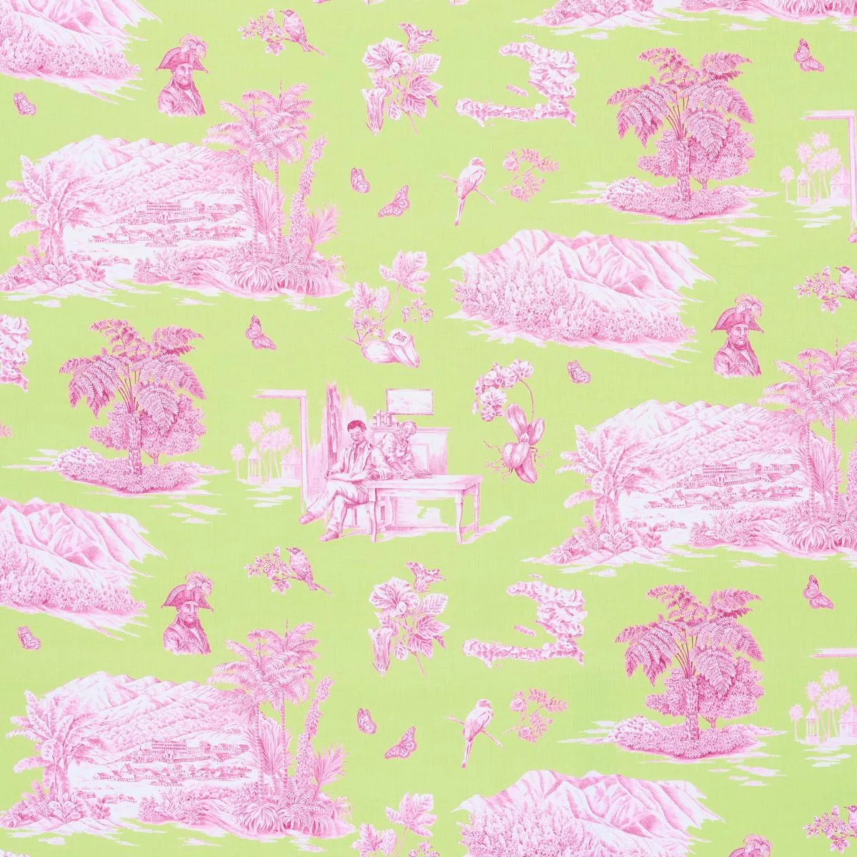 Schumacher 180271 Toussaint Toile Pink & Green fabric swatch