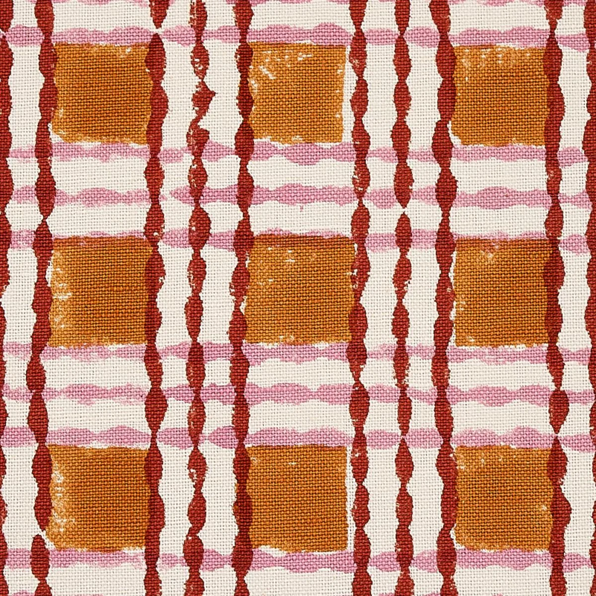 Schumacher 179802 Trellis Hand Block Print Copper & Rose fabric swatch