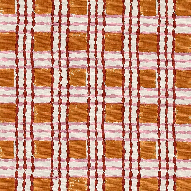 Schumacher 179802 Trellis Hand Block Print Copper & Rose fabric swatch