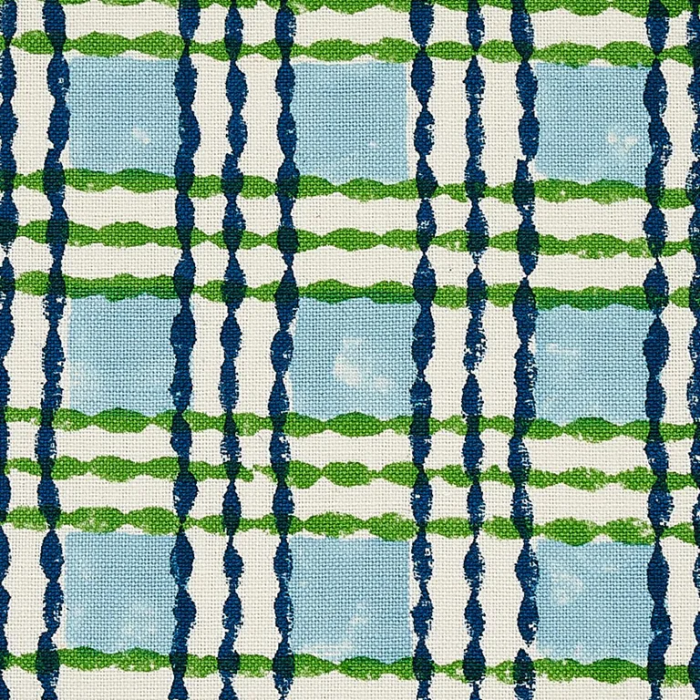 Schumacher 179800 Trellis Hand Block Print Sky & Grass fabric swatch
