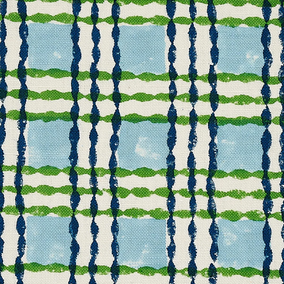 Schumacher 179800 Trellis Hand Block Print Sky & Grass fabric swatch